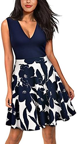 Momius Womens Casual Flare Floral Contrast Sleeveless Party Mini Dress
