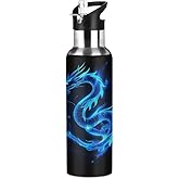 Peaom Abstract Blue Fire Dragon Water Bottle 20 oz Insulated Water Bottles with Straw Leakproof Vacuum Thermal Stainless Steel Water Bottle for Kids Adults