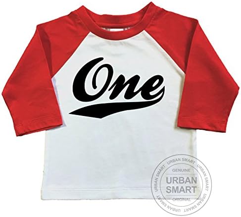 1st Birthday Raglan Shirt For Baby or Infant. Number One With Swoosh Design. (12-18 Months, White Body/Red Sleeve)