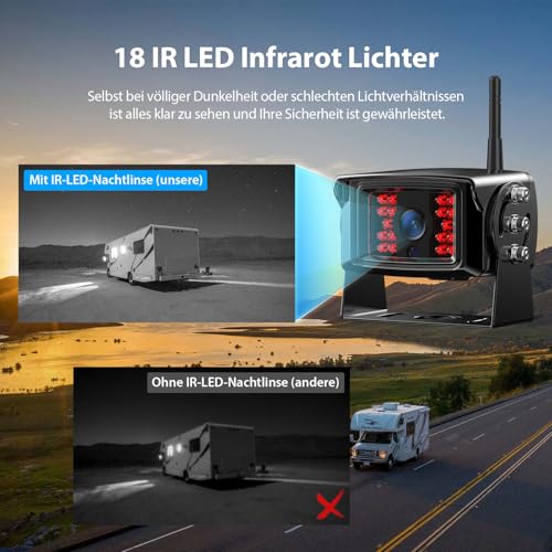 Digital Reversing Camera Wireless Set, 7 Inch HD LCD Monitor + Dual Cameras, IP69K Waterproof Reversing Camera, Radio, Night Vision, Wireless Parking Aid, Loop Recording, for Trucks, Caravans, Trailers