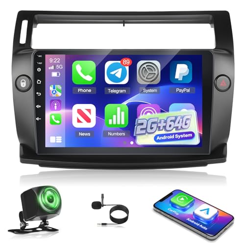 NHOPEEW 2G+64G Android Car Radio for Citroen C4 2004-2009/C-QUATRE 2008-2011 - Wireless Carplay and Android Auto - 9 Inch Carplay Car Radio with WiFi, Equalizer, GPS, FM, RDS + AHD Rear View Camera