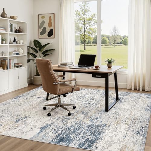 DMOYEST Rugs Living Room Washable - Area Rugs for Bedroom Large Abstract Neutral Modern Rug Soft Non Slip Low Pile 160 x 230 - Beige Blue