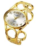 Top Plaza Women Fashion Gold Tone Circle Band Arabic Numeral Scale Bangle Cuff Dress Bracelet Watch