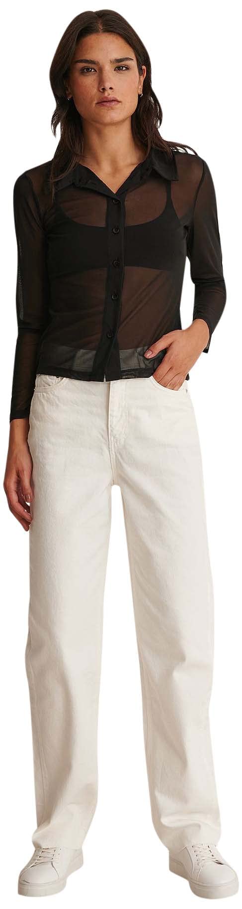 NA-KD Women's Wide Leg Raw Hem Denim Jeans, Ecru, 8 UK