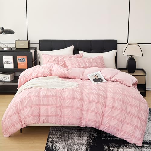 DCSKY Pink Duvet Cover Queen Size, Ultra Soft 3-Piece Boho Seersucker Duvet Cover Set with Zipper Closure, Soft Washed Microfiber Bedding Set (104"x90", 2 Pillowshams) at Amazon