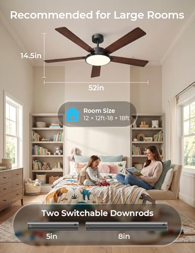 CINOTON Smart Ceiling Fan with Lights, 52'' RGBCW Ceiling Fan with Lights and Remote App Voice Control, Reversible DC Motor, 2600lm Dimmable, 6 Speeds & 2 Fan Modes, Quiet Fan for Bedroom, Living Room