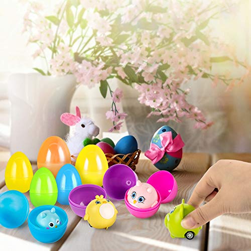 LovesTown Easter Eggs with Toys Inside, 12 Pcs Easter Stuffed Eggs and 12 Pcs Animal Pullback Toy Cars Surprise Eggs Easter Theme Party Favor for Easter Eggs Hunt Game