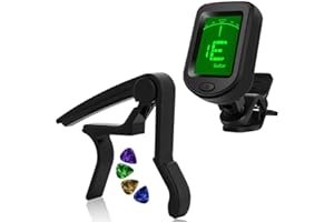 Guitar Tuner and Guitar Capo Set, Clip-On Tuner Digital Electronic Tuner Acoustic with LCD Display for Guitar, Bass, Violin, 