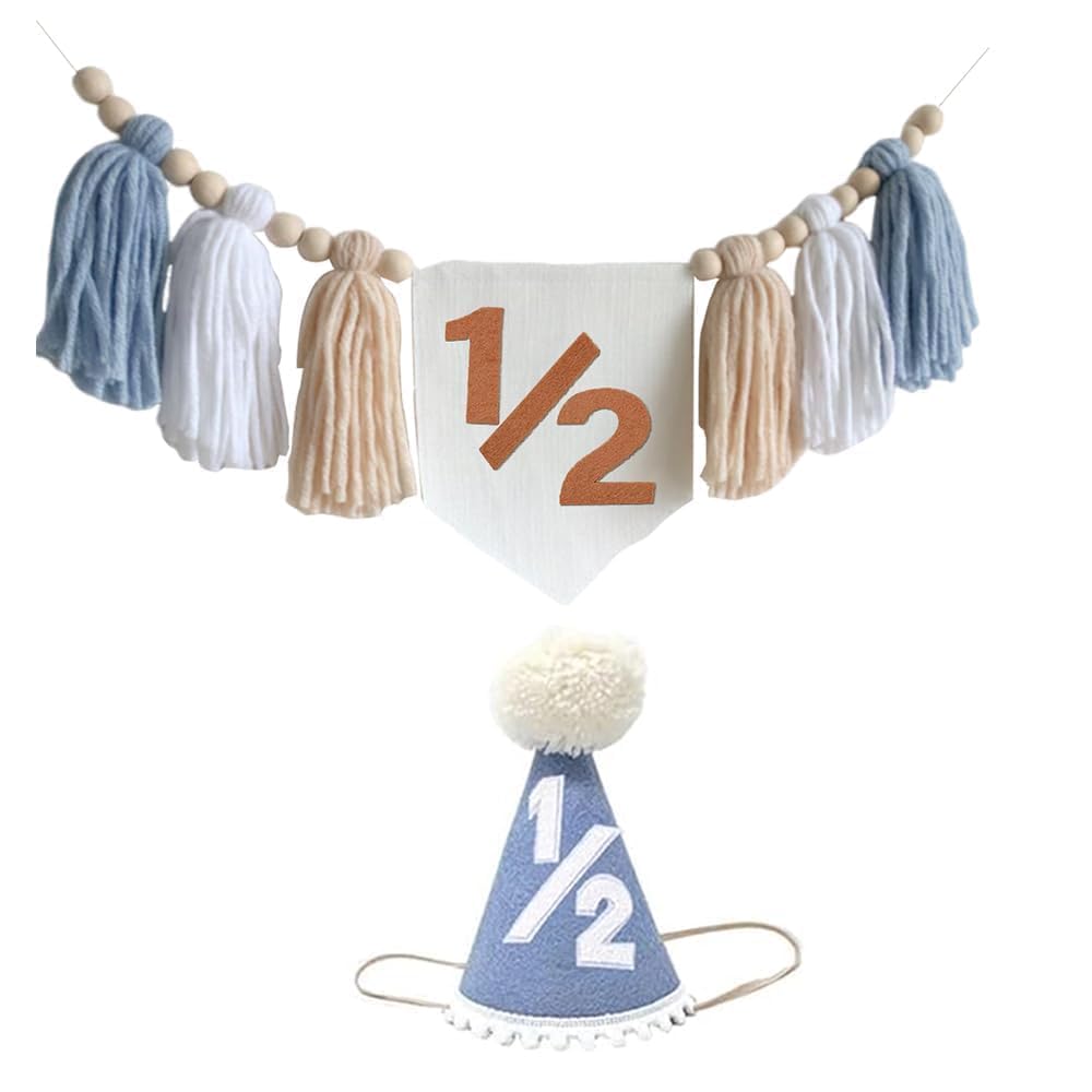 Photo 1 of Half Birthday Decorations for Baby Boy Blue Handmade 1/2 High Chair Banner with Cone Hat for Half Way To One Baby Boy 1/2 Birthday Wall Hangings Decorations