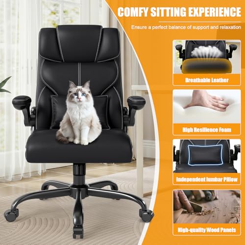 Executive Office Chair with Flip-up Armrests,Ergonomic Computer Desk Chairs,Mid-Tall Back Leather Office Chair 400 Lbs,Lumbar Support Swivel PC Chair with Rocking Function