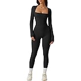QINSEN Womens Sexy Square Neck Long Sleeve Full Length Leggings Bodycon Stretch Jumpsuit