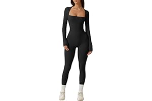QINSEN Womens Sexy Square Neck Long Sleeve Full Length Leggings Bodycon Stretch Jumpsuit