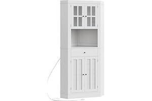 HOOBRO 177 cm Pantry Cabinet with Drawers and Adjustable Shelves, Farmhouse Corner Storage Cabinet with Glass Doors, Kitchen 