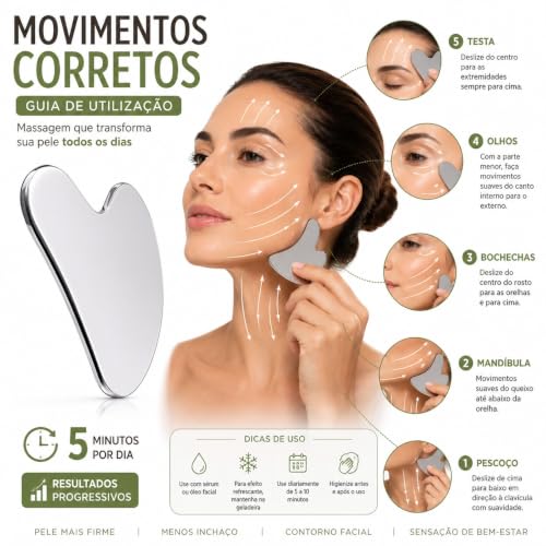 Pedra Gua Sha Inox Profissional – Massageador Facial e Corporal Anatômico, Drenagem Linfática e Lifting Natural, Aço Inoxidável Médico, Reutilizável e Higiênico (Inclui Bolsinha Protetora)