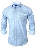 Emiqude Mens Casual Slim Fit Long Sleeve Pocket Stripe Constrast Plaid Dress Shirt