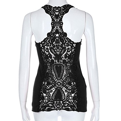 FarJing Hot sale Fashion Sexy Womens U Neck Lace Trim Racerback Tank Tops Hollow Out Sport Vest (2XL,Black) - Thumbnail 3