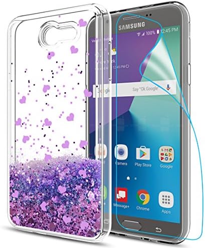 Galaxy J7 Perx Case, J7 Prime / J7 V / J7 Sky Pro / Halo Case with HD Screen Protector for Girls Women,Aree Cute Shiny Glitter Moving Quicksand Bling Liquid Case For Samsung Galaxy J7V 2017 Purple