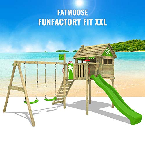 Fatmoose Spielturm Klettergerüst FunFactory mit Schaukel & grüner Rutsche, Stelzenhaus mit Leiter & Spiel-Zubehör – Bild 5