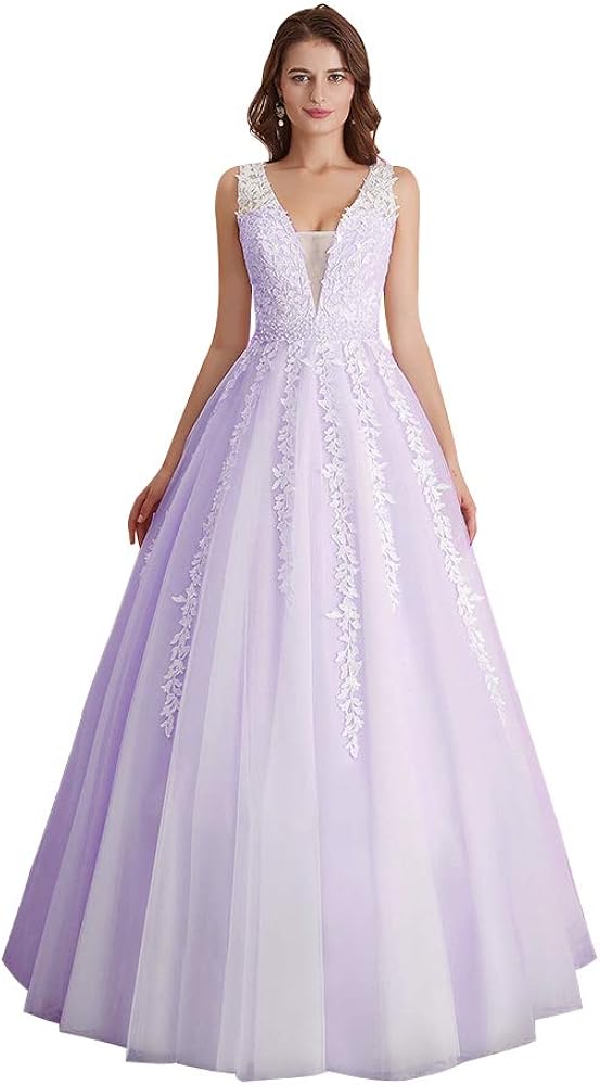 Abaowedding Women's Wedding Dress for Bride Lace Applique Evening Dress V Neck Straps Ball Gowns: Clothing