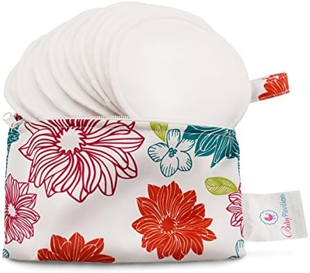 Baby Pavilion Washable Organic Bamboo Nursing Pads with Flower Laundry Bag, Reusable, Ultra Soft and Super Absorbent for The Ultimate Luxury Breast Pad, 4 Piece