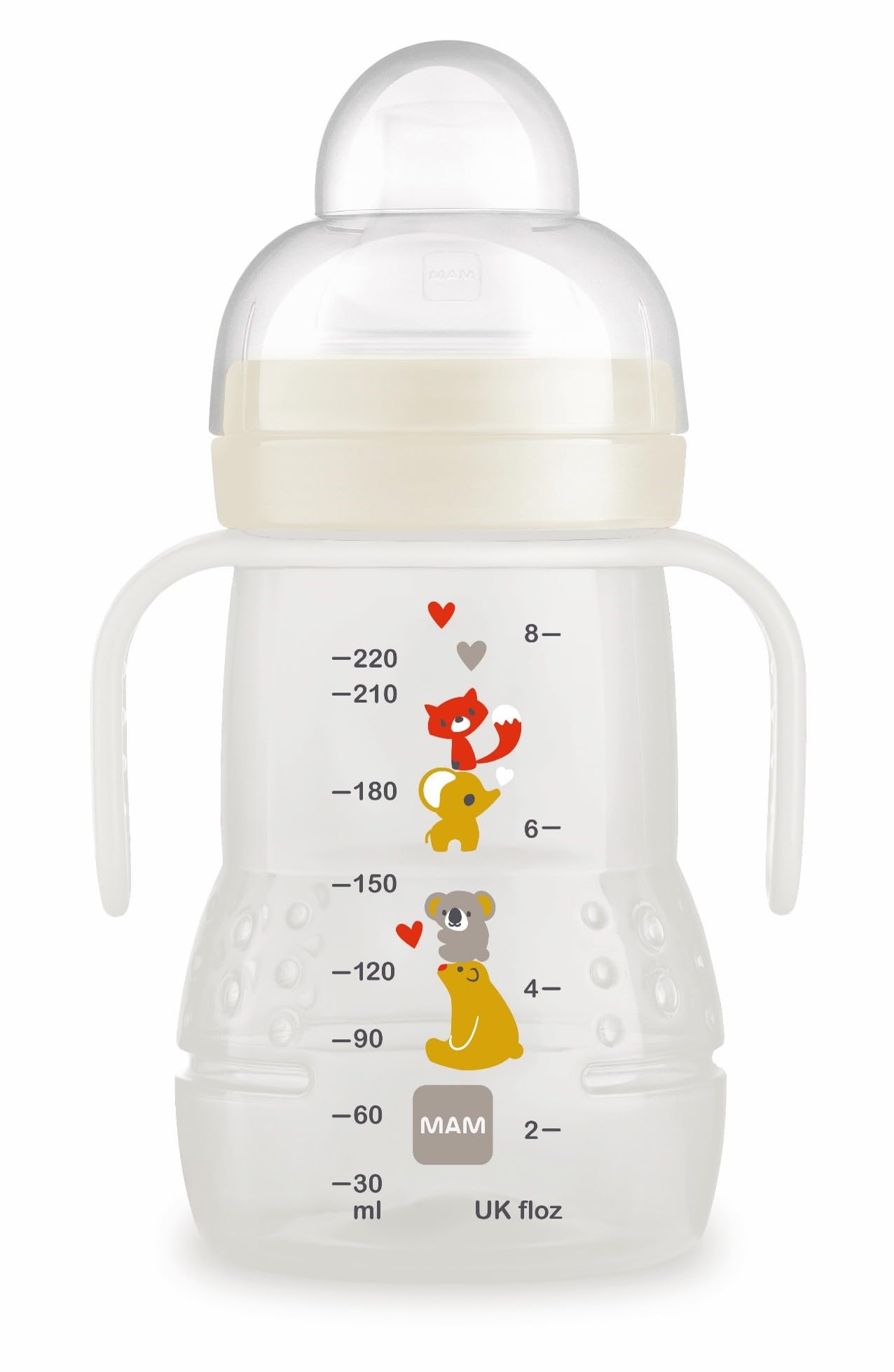 MAM 2-in-1 Baby Bottle and Cup, from 4 Months, 220 ml, with Extra Soft Spout and Anti-Spill Silicone Teat Skin Soft Easy Acceptance, with Handles to Hold It Easily, Neutral, Pack 1 pc