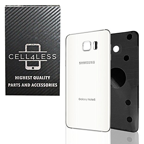 Samsung Galaxy Note 5 Replacement Rear Back Glass Back Cover w/ Removal Tool & Pre-Installed Adhesive - Fits N920 Models ANY CARRIER - 2 Logo (White Pearl)