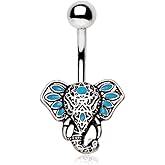 Pierced Owl 14GA 316L Stainless Steel Turquoise Tribal Elephant Belly Button Ring