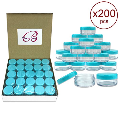 (Quantity: 200 Pieces) Beauticom 5G/5ML Round Clear Jars with TEAL Sky Blue Lids for Scrubs, Oils, Toner, Salves, Creams, Lotions, Makeup Samples, Lip Balms - BPA Free