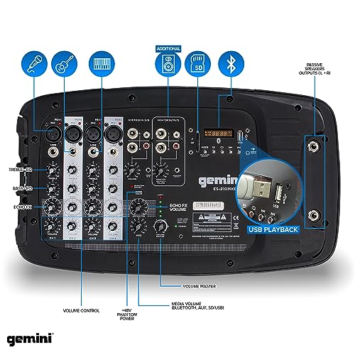 Gemini Dual 10" Powered PA System & Stands, 600W (ES-210MXBLU-ST) | Dual 10" PA with tripod stands - 6-channel powered mixer, 4 mic in - Bluetooth, USB - mic included