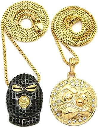 ICED OUT GLO-GANG &amp; GOON MASK PENDANT &amp; BOX CHAINS HIP HOP NECKLACES SET RC2331G
