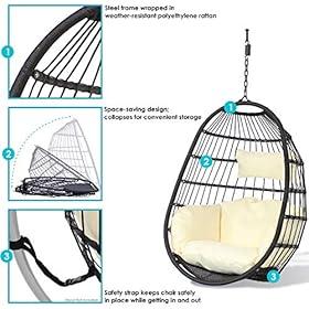 Sunnydaze Penelope Black Steel and Polyethylene Wicker Hanging Egg Chair with Cream Polyester Seat Cushions - Bohemian… 51bZIAHD30L
