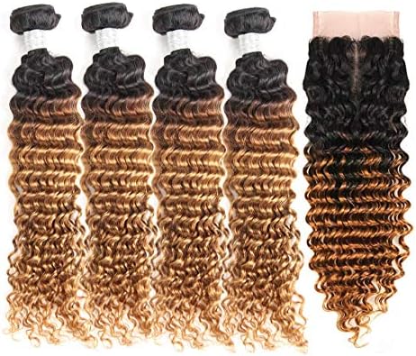 IMAYLI Brazilian Ombre Deep Wave Bundles with Closure Two Tone Deep Wave Human Hair 4 Bundles with Lace Closure T1B/30(16 16 18 18+14)