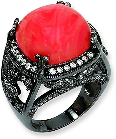 Black-Plated Sterling Silver Simulated Red Coral &amp; Cz Ring, Size 8