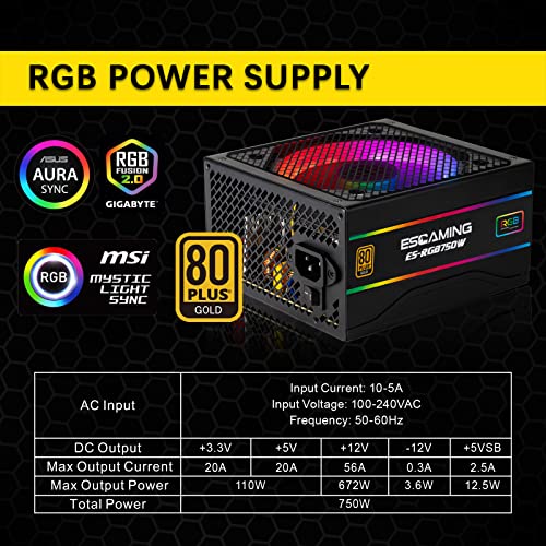 ESGAMING Power Supply 750W, Full Modular RGB Power Supply, 80 Plus Gold