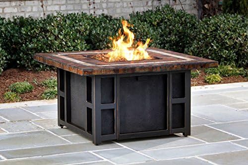Oakland Living Ice Cooler Carts Goldie's Square Fire Pit Slate Table with Strip Burner System, Amber Lava Rocks and Weather Cover, Black/Gold/Bronze