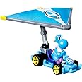 Hot Wheels Mario Kart 1:64 Scale Die-cast Light-Blue Yoshi in Pipe Frame Kart with Super Glider