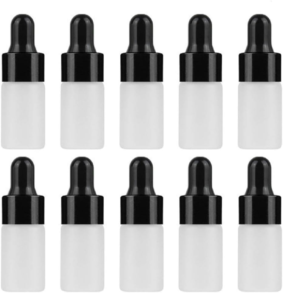 30Pcs Frosted Essential Oil Dropper Bottles Tiny Refillable Aromatherapy Glass Dropping Bottles Vials Cosmetic Sample Containers Pot with Black Aluminum Caps and Black Latex (3ml)