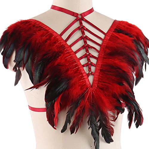 Feather Harness Caged Bralette Strappy Top Body Cage Plus Size Burning Man Goth Fetish Art Clothing (Wine Red)