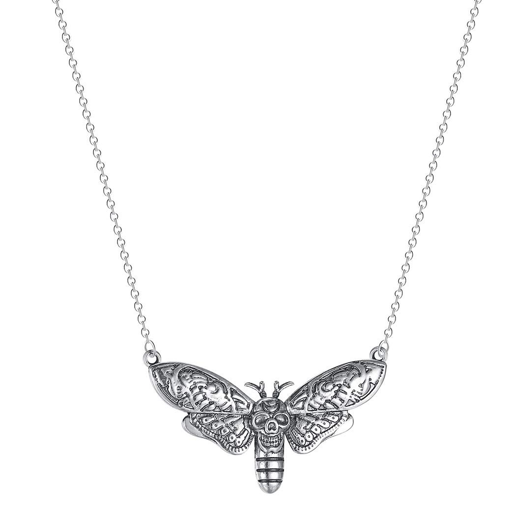 QIAMNI Death's Head Hawkmoth Pendant Necklace for Women Men Moon Moth Halloween Jewelry Skull Silver Moth Necklace Goth Gift