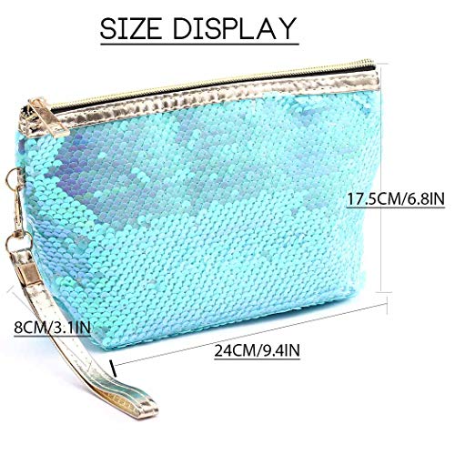 Brishow Envelope Type Travel Makeup Bag Portable Clutch Toiletry Bag Cosmetic Makeup Case Mermaid Sequins Organizer Bag with Zipper for Women and Girls (Blue)