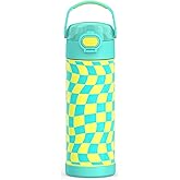 THERMOS FUNTAINER 16 Ounce Stainless Steel Vacuum Insulated Bottle with Wide Spout Lid, Wavy Checkers Teal