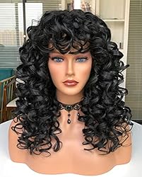 ANNIVIA Curly Wig with Bangs for Black Women Black