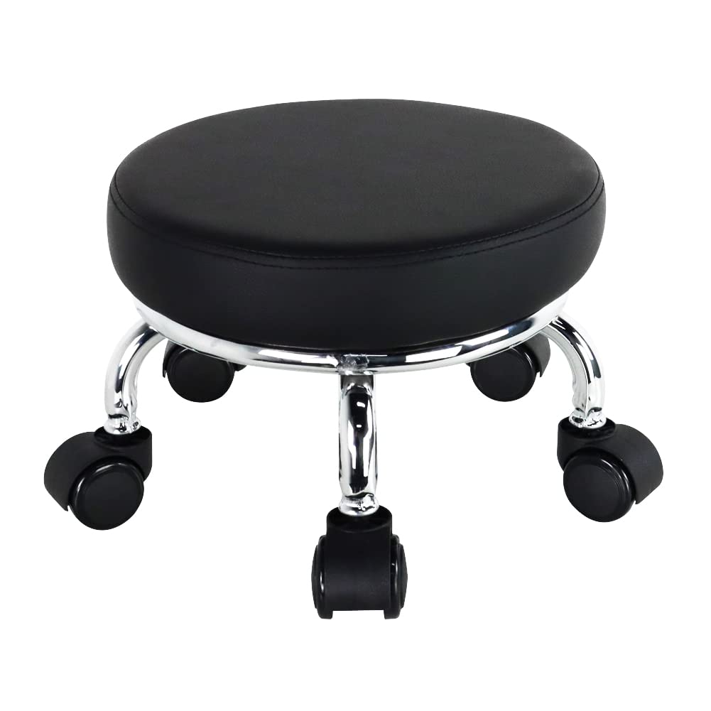 Photo 1 of WKWKER Modern Roller Seat PU Leather Low Round Rolling Stool 360 Swivel Small Stool with Universal Caster Wheels for Home Office, Garage, Shop, Fitness, Sport (H: 8.6", Black)