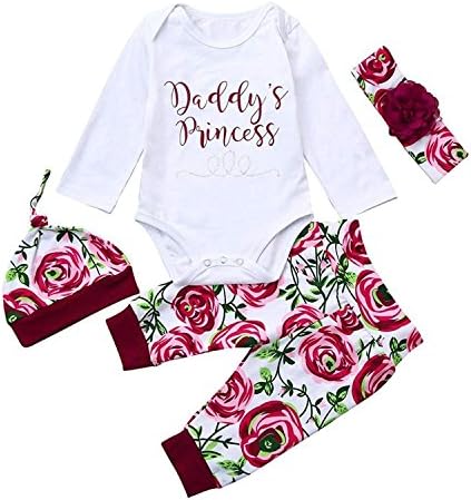 Cute Infant Baby Girls 4PCs Daddy's Princess Romper Tops+ Floral Pants + Hat + Headband Clothes Set