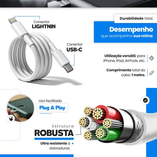 UTBRX Carregador Turbo 40w com Cabo e Fonte Entrada Dupla Carregador Rápido Compatível com iPhone X Xr SE 11 12 13 14, Conexão Lightning USB-C, Bivolt 110/220V - Premium Duo