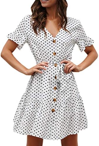 EUCoo Women's Dress Summer Dot Printed Button Short Sleeve Dress Casual Beach Dress