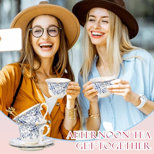 2PCS 250ml Tea Cup and Saucer Set, 8oz Floral Blue Porcelain Coffee Cups for Tea, Cappuccino, Latte, Elegant Vintage Bone China Tea Set for Home or Gift