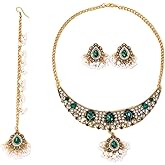 NewZenro Teardrop CZ Pearl Beaded Tassel Stud Earrings Indian Traditional Pendant Choker Necklace Head Chain Headband Hair Accessories Set for Women Gold Plated Fashion Antique Jewelry