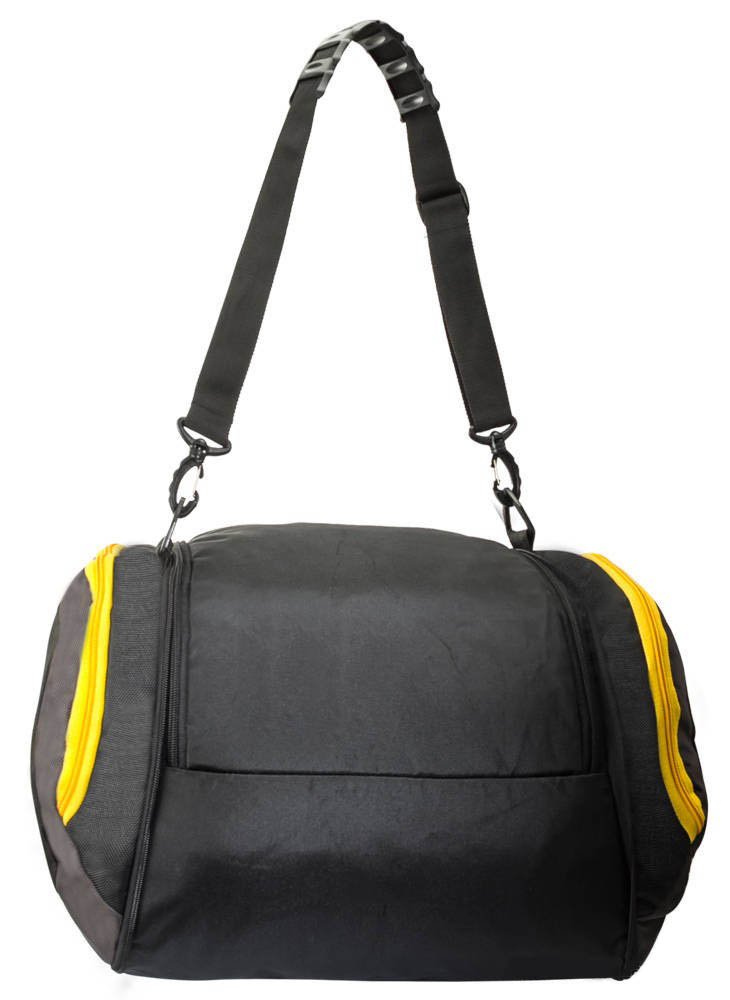 black and yellow duffle bag