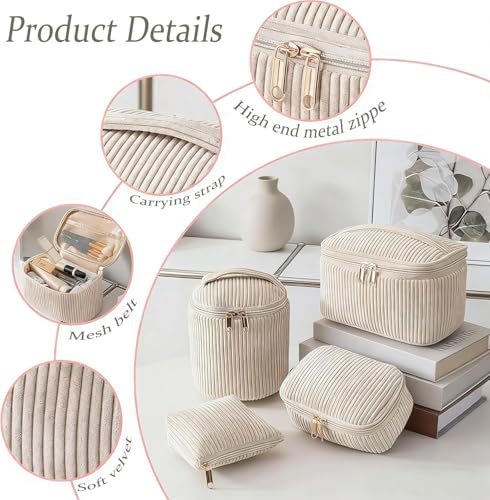 Last page® Cosmetic Bags Set, 4PCS Corduroy Cosmetic Storage Bag, Women's Makeup Bag Set, Travel Toiletry Bag, Makeups Organizer with Zipper, Perfect for Travel, Daily Organization